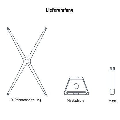 Lieferumfang von X-Frame Basis: X-Rahmenhalterung, Mastadapter, Mast