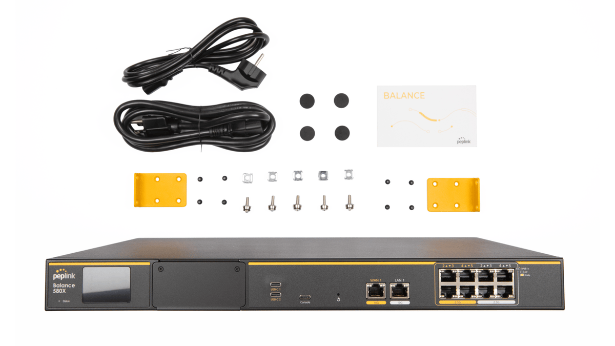 Peplink Balance 580X PRM – Router mit Stromkabel und Rackmontage-Zubehör